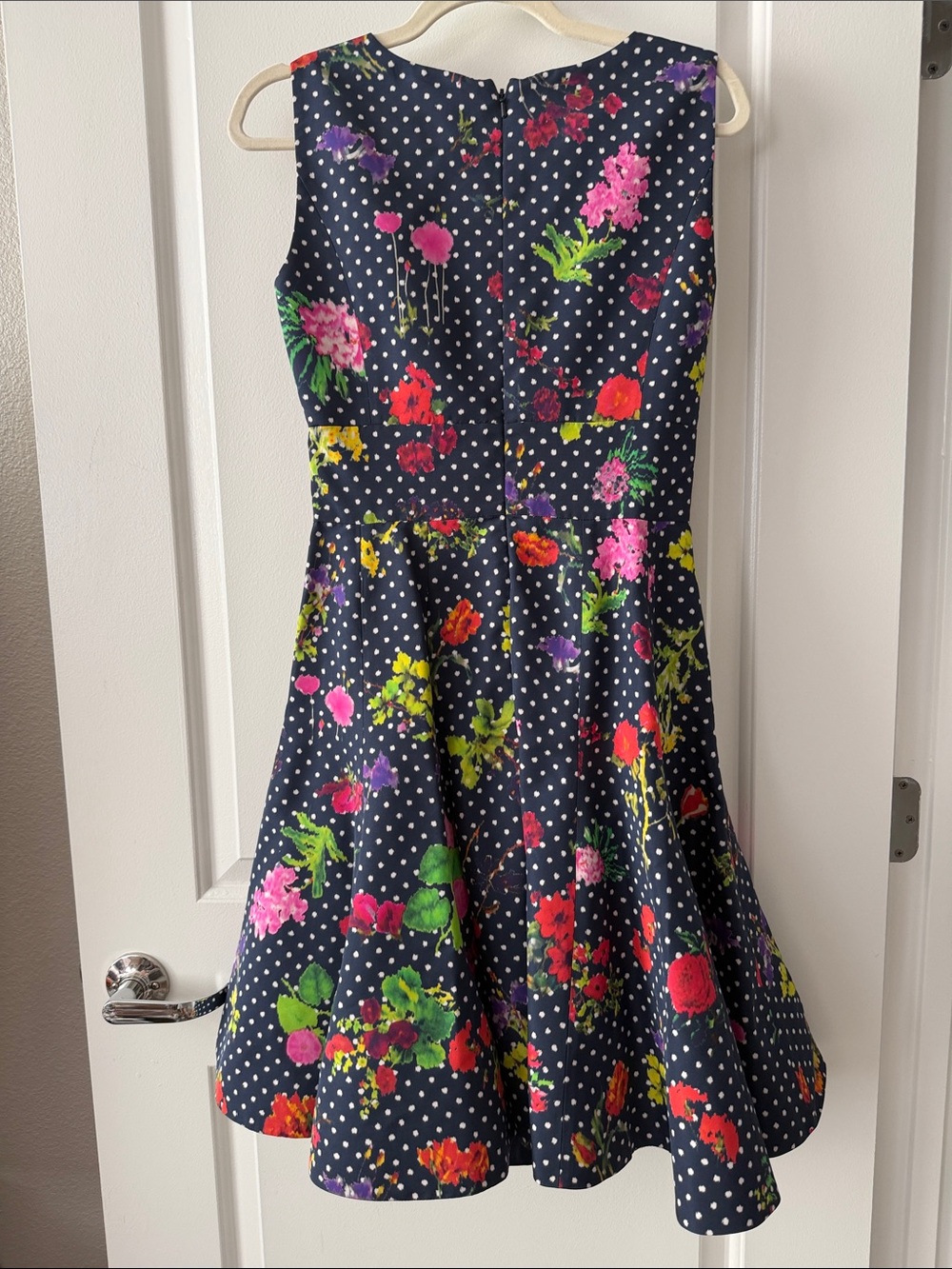 NWOT Oscar de la Renta Navy Floral Polka Dot Fit & Flare Dress - Picture 5 of 7